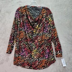 Calessa Tunic Womens 2X Crimson Zebra Print Cowl Neck Long Sleeve Top Office New